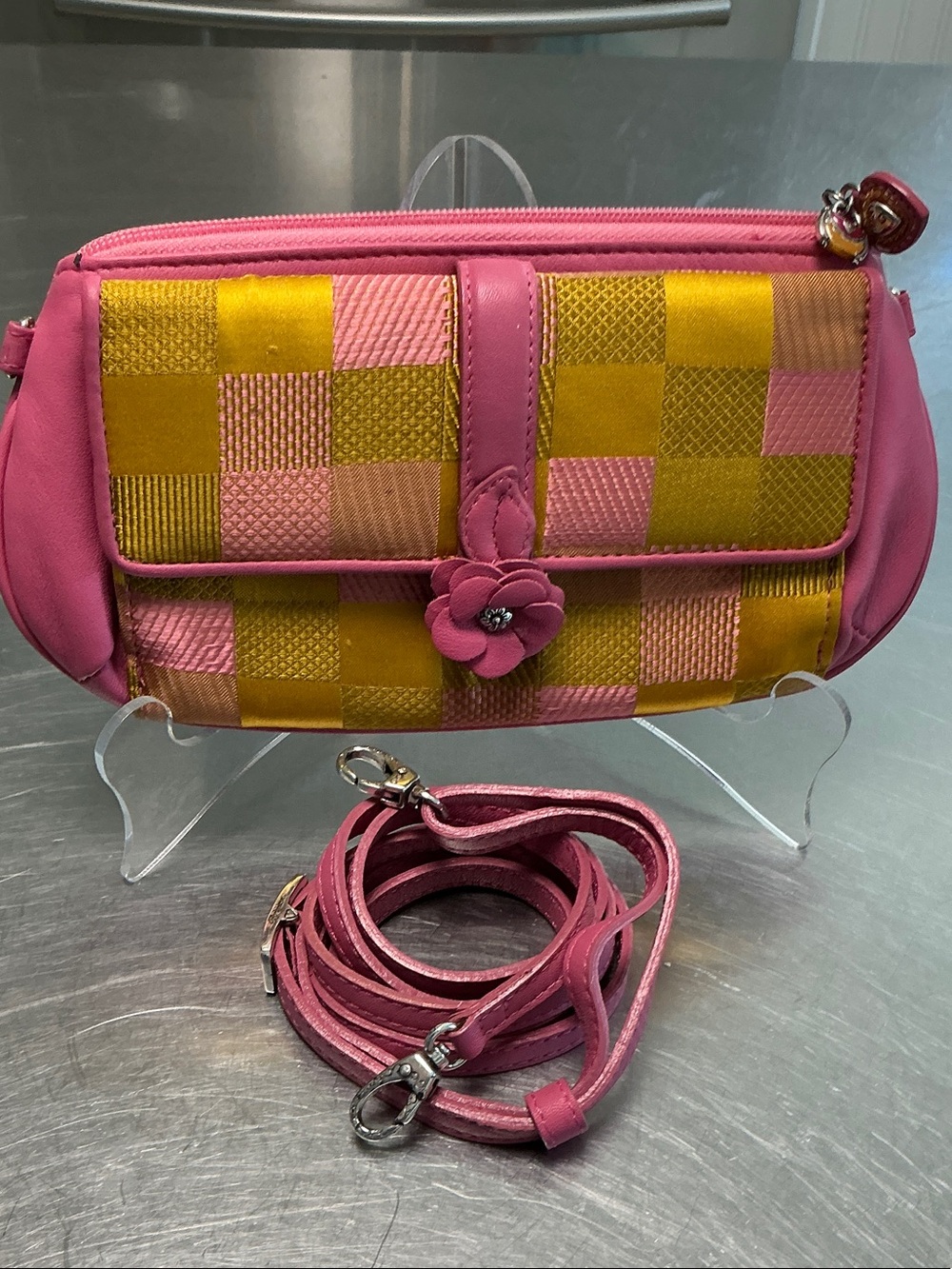Brighton Pink leather cross body/ wall w/ sunflower yellow patchwork fabric flap
